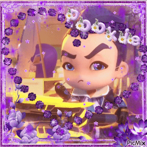 a picture of a boy with purple flowers and the word pookie