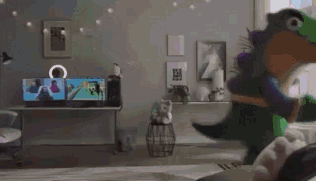 a person is playing a video game in a living room with a remote control .