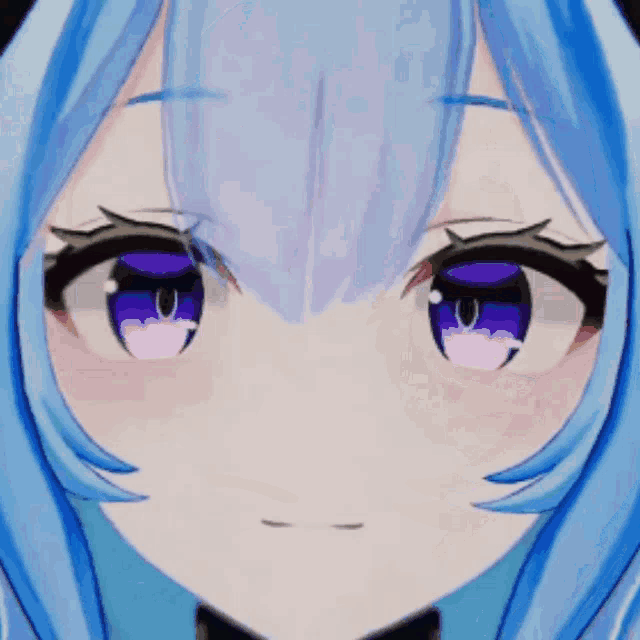 a close up of a girl 's face with purple eyes