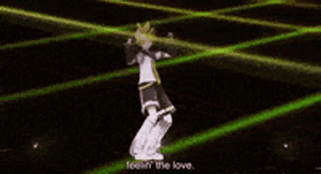 a video game character is dancing in front of a green light and says " feelin ' the love "