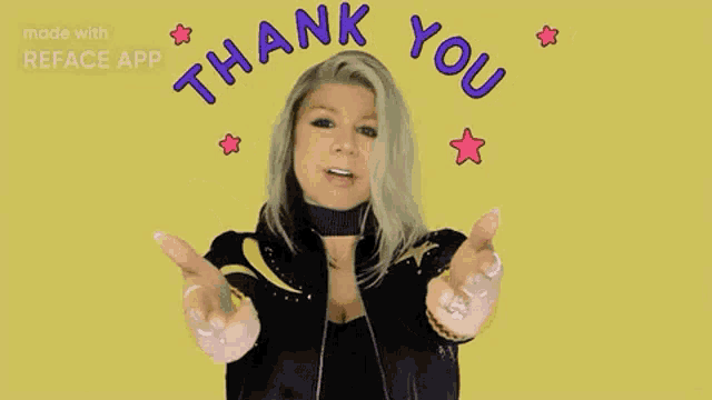a woman is giving a thumbs up and a thank you sign with her hands .