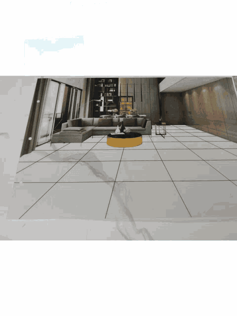 a bathroom with gray tiles and a window in the corner