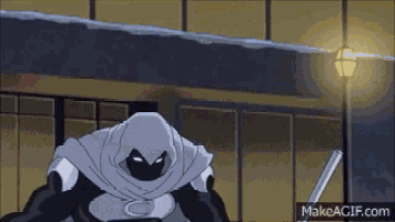 a cartoon of a man with a hood and a sword with makeagif.com in the corner