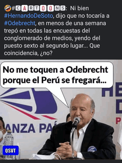 a man speaking into a microphone with a speech bubble that says no me toquen