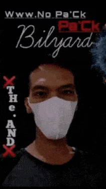 a man wearing a white face mask is standing in front of a sign that says billiard