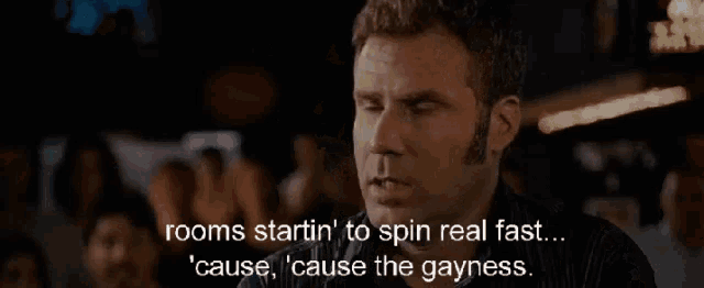 a group of people are standing in a room with the words rooms startin ' to spin real fast