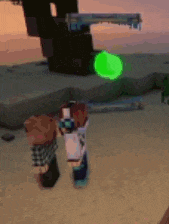two minecraft characters are standing next to each other on a beach with a green light behind them .
