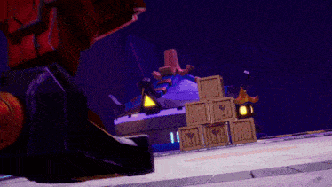 a red robot with a large hammer on it 's back