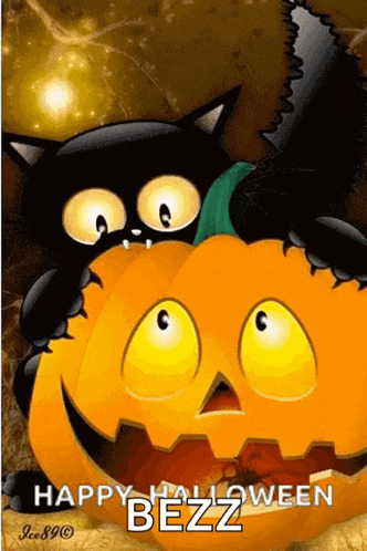 a black cat is holding a pumpkin with the words happy halloween bezz on it