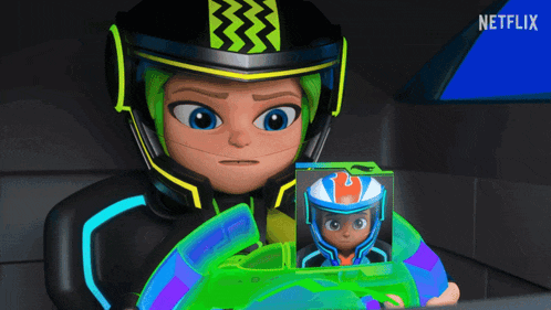 a cartoon character from netflix is holding a green toy