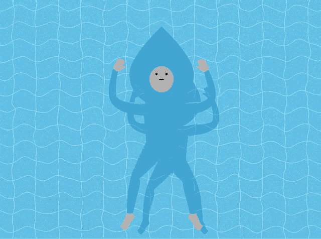 a person in a blue suit with a teardrop head is floating in the water