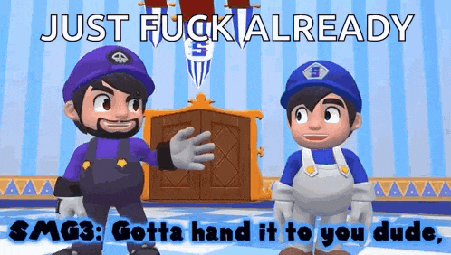 two cartoon characters are standing next to each other in front of a door in a room .