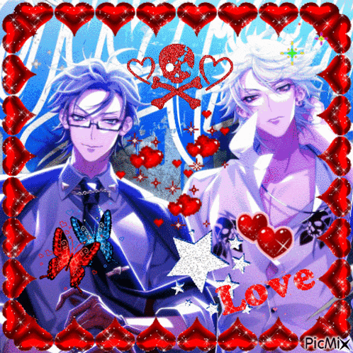a picture of two anime characters with hearts and the word love on the bottom