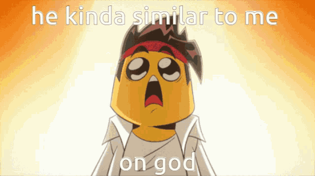a cartoon character with the words he kinda similar to me on god behind him
