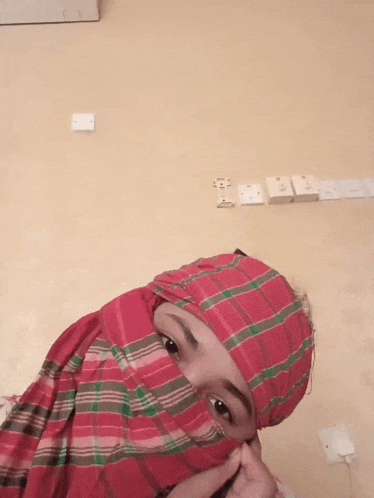 a woman wearing a red and green plaid scarf over her face
