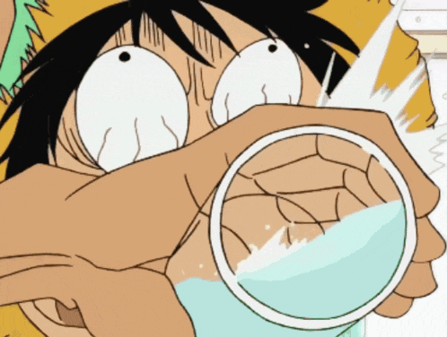 a cartoon character is drinking from a glass of water