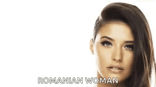 a close up of a woman 's face with the words romanian woman written on the bottom .