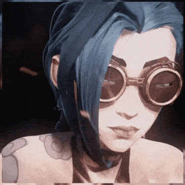 a cartoon character with blue hair and goggles on her face