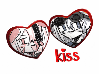 two heart shaped mirrors with the word kiss in red letters