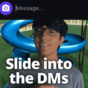 a man with glasses is smiling in front of a blue slide with the words slide into the dms below him