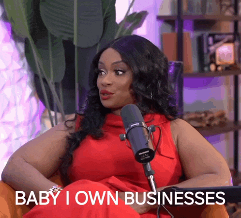 a woman in a red dress sits in front of a microphone with the words baby i own businesses behind her