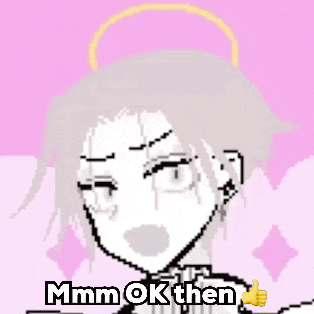 a pixel art of a girl with a halo on her head and the words `` mmm ok then '' .