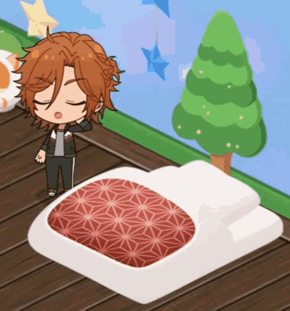 a cartoon character is standing next to a blanket with a red pattern on it