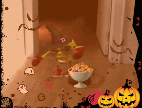 a picture of a witch with a bowl of candy