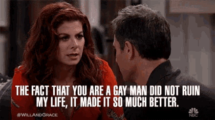 a picture of a man and a woman with the caption " the fact that you are a gay man did not ruin my life " on it