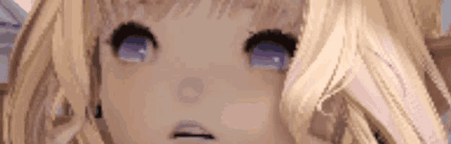 a close up of a anime girl 's face with purple eyes and blonde hair .