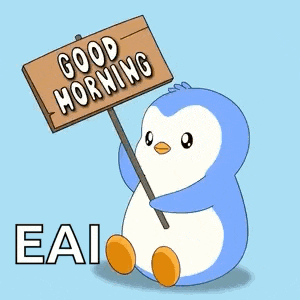 a cartoon penguin is holding a sign that says good morning eai .
