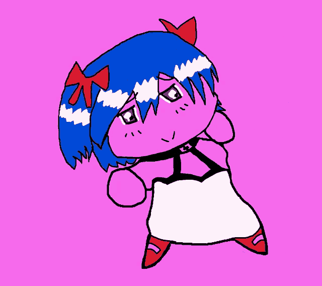 a cartoon drawing of a girl with blue hair and a white dress