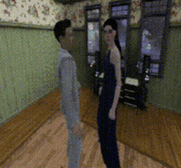 a man and a woman are standing next to each other in a room in a video game