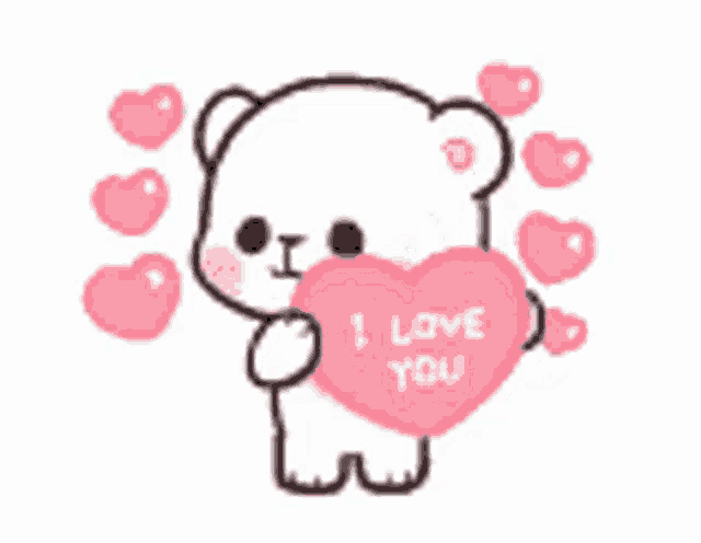 a teddy bear is holding a heart that says `` i love you '' surrounded by pink hearts .