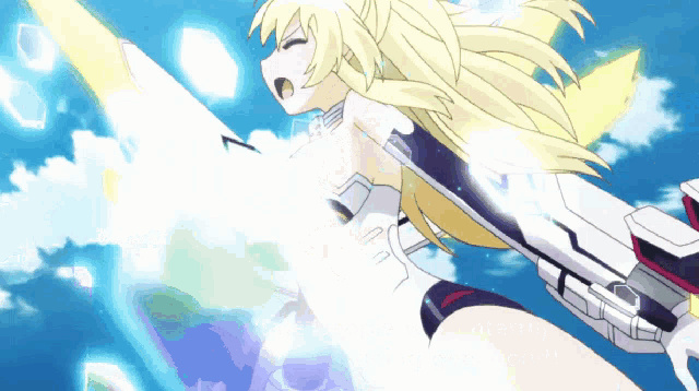 a blonde anime girl is flying through the air with a sword in her hand