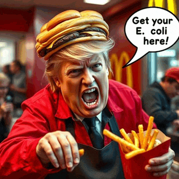a man wearing a hamburger hat is holding a bag of french fries