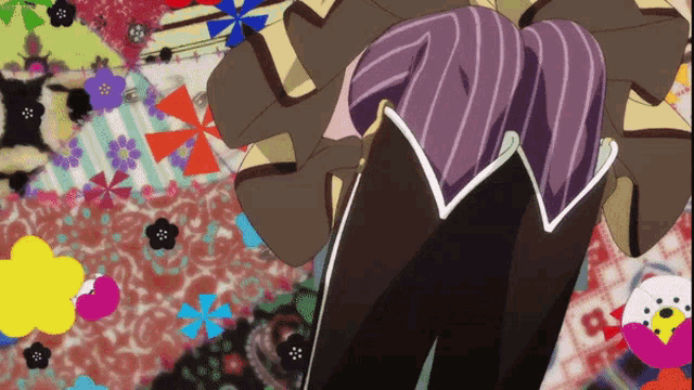 a cartoon character with a purple striped shirt and black pants is standing in front of a colorful background