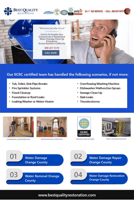 an advertisement for best quality restoration shows a man talking on a phone