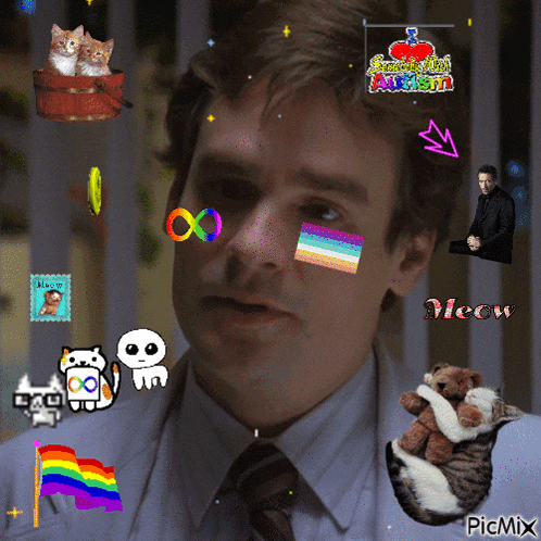 a man with stickers on his face including one that says meow on it