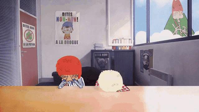 a room with a poster that says dites non-non a la drogue