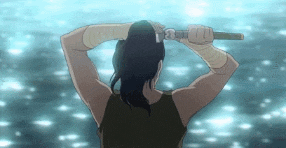 a woman is holding a sword in her hand and looking through it into the water .