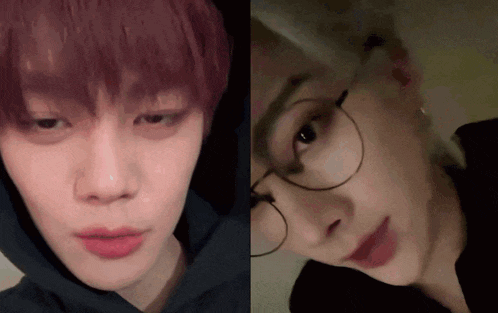 a close up of a person wearing glasses and a close up of a person with red hair
