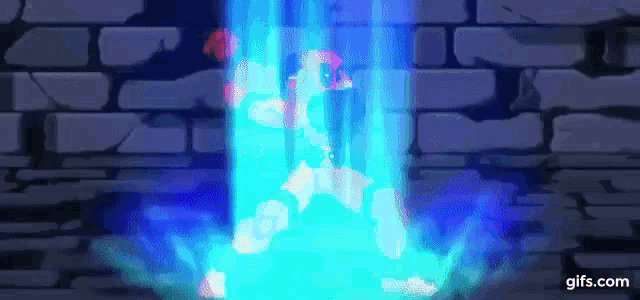 a cartoon character is standing in front of a brick wall and a blue light is coming out of the wall .