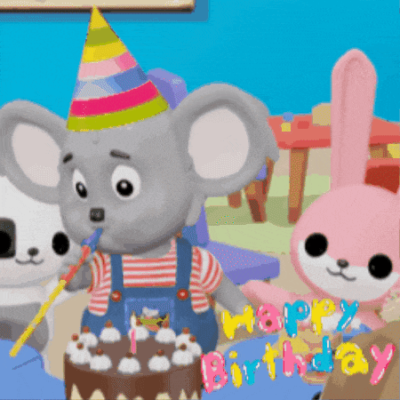 a mouse wearing a party hat blowing a party horn next to a birthday cake
