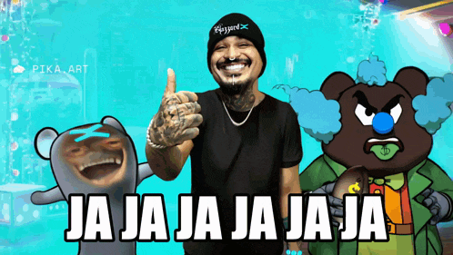 a man giving a thumbs up next to a bear and a clown with ja ja ja ja ja