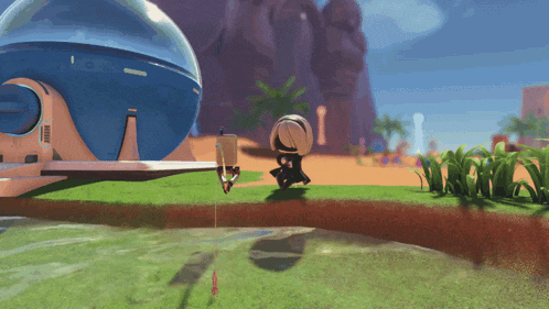 a cartoon character is standing in front of a large blue object