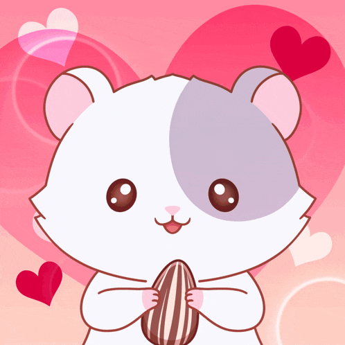 a cartoon of a hamster holding a nut with hearts behind it