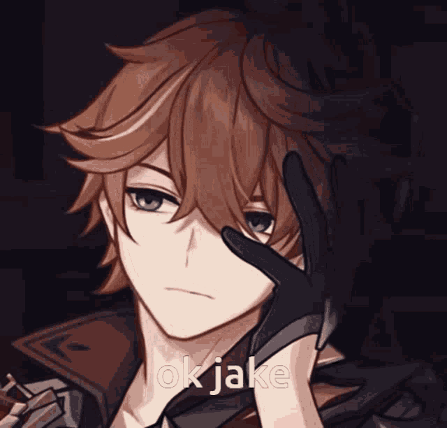 a close up of a person 's face with the words ok jake on it
