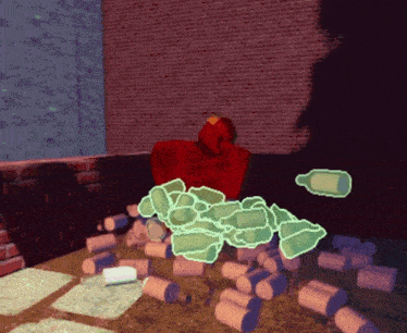 a computer generated image of a person surrounded by empty bottles