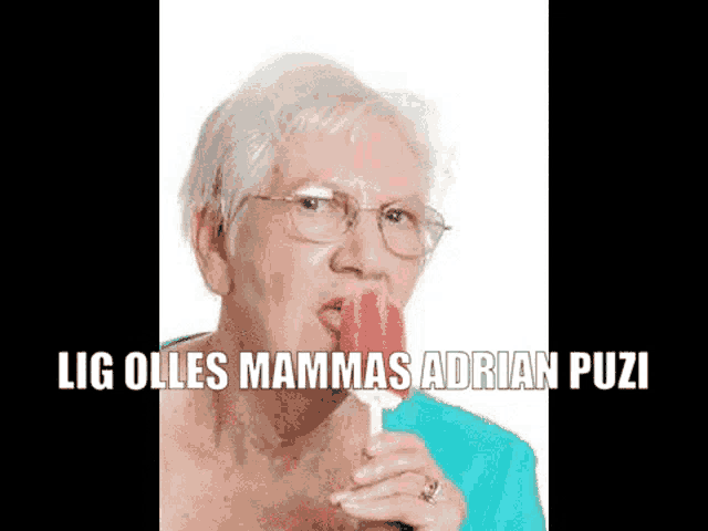 an elderly woman is licking a red popsicle with a caption .